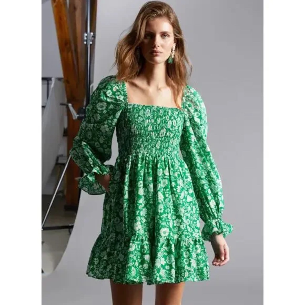 & Other Stories Green Floral Smocked Mini Dress